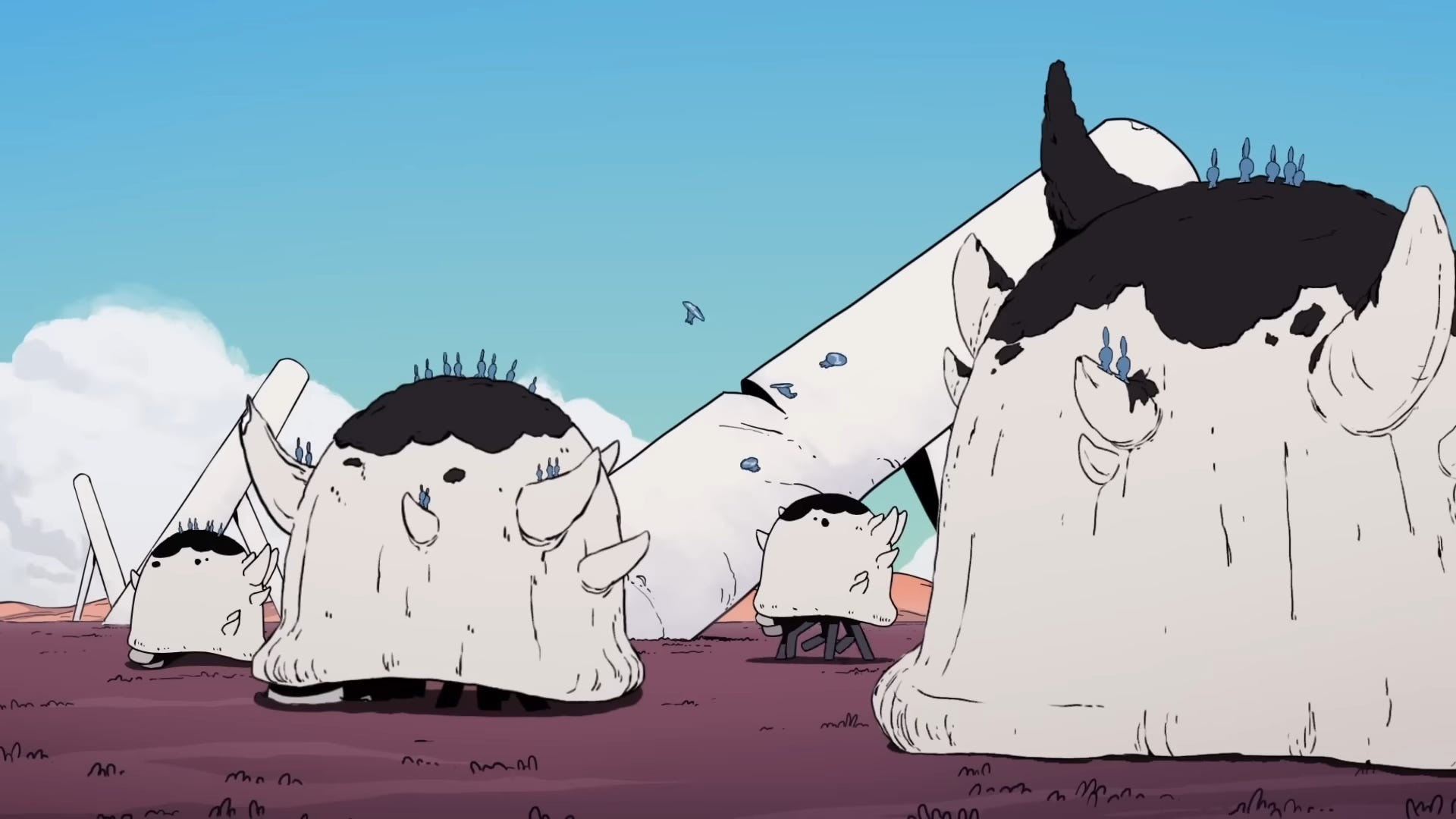 A group of shelled, horned creatures lumber across a landscape of giant crystalline structures