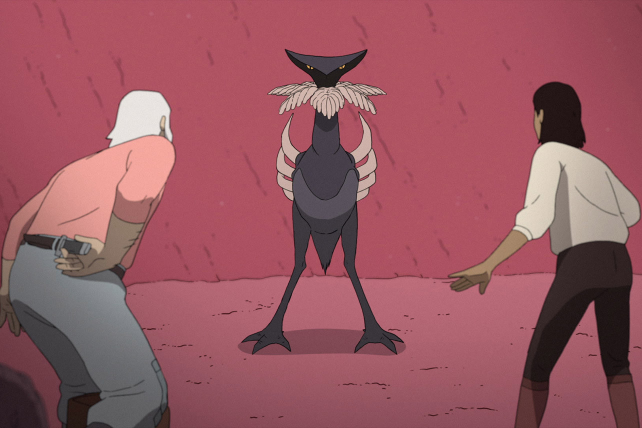 A bipedal predator glares at the two explorers out of focus in the foreground. It has riblike protrusions on its back, a birdlike stance, and a triangle for a head, with leaflike structures on its neck
