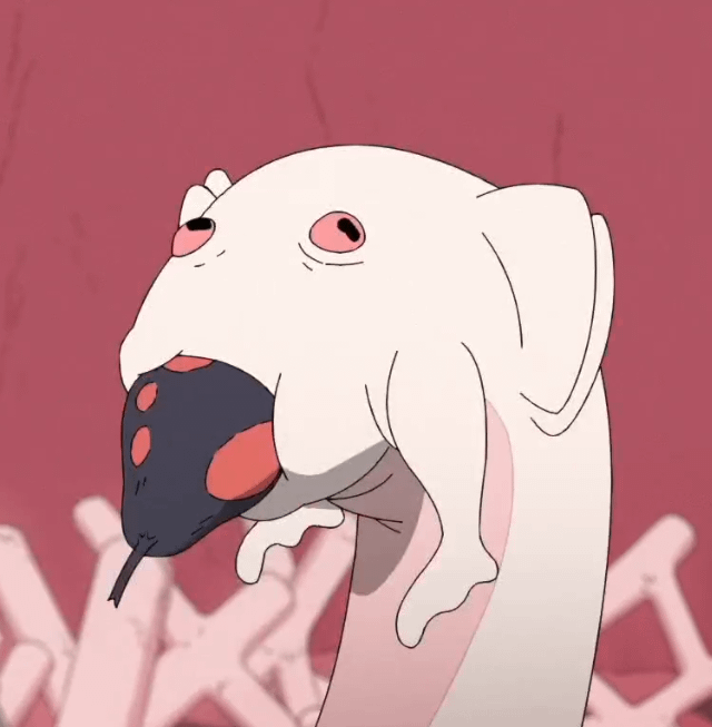 A pale somewhat amphibian, somewhat sluglike looking creature eats fruit. It has protruding gill slits. This is the preferred prey of the birdlike creature