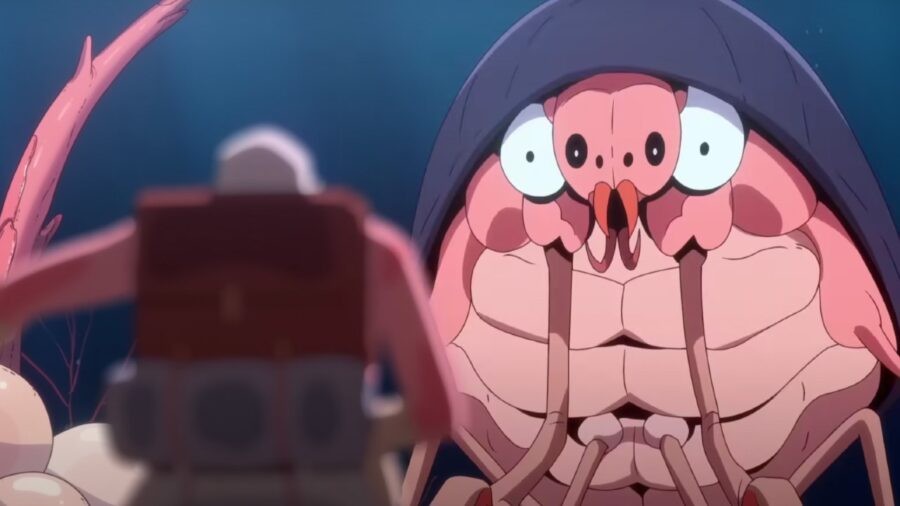 A shelled parasitic arachnid creature with piercing fangs and a series of platelike eyes sizes up one of the explorers as prey
