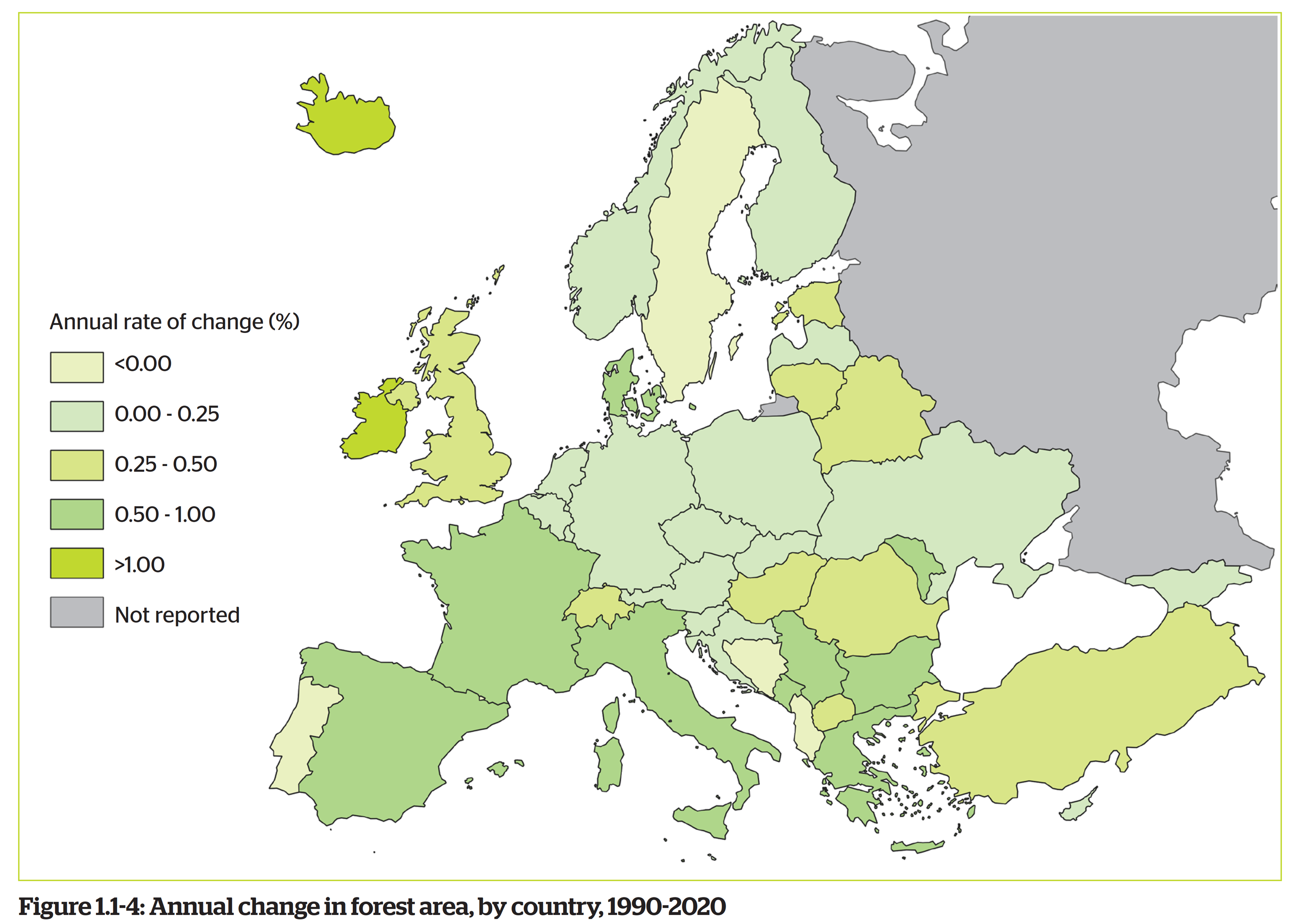 Figure 11-4 from the "State of Europe's Forests 2020&quot; report, showing the annual rate of change in percent of the forest area by country, averaged on 1990 to 2020. see https://foresteurope.org/wp-content/uploads/2016/08/SoEF_2020.pdf