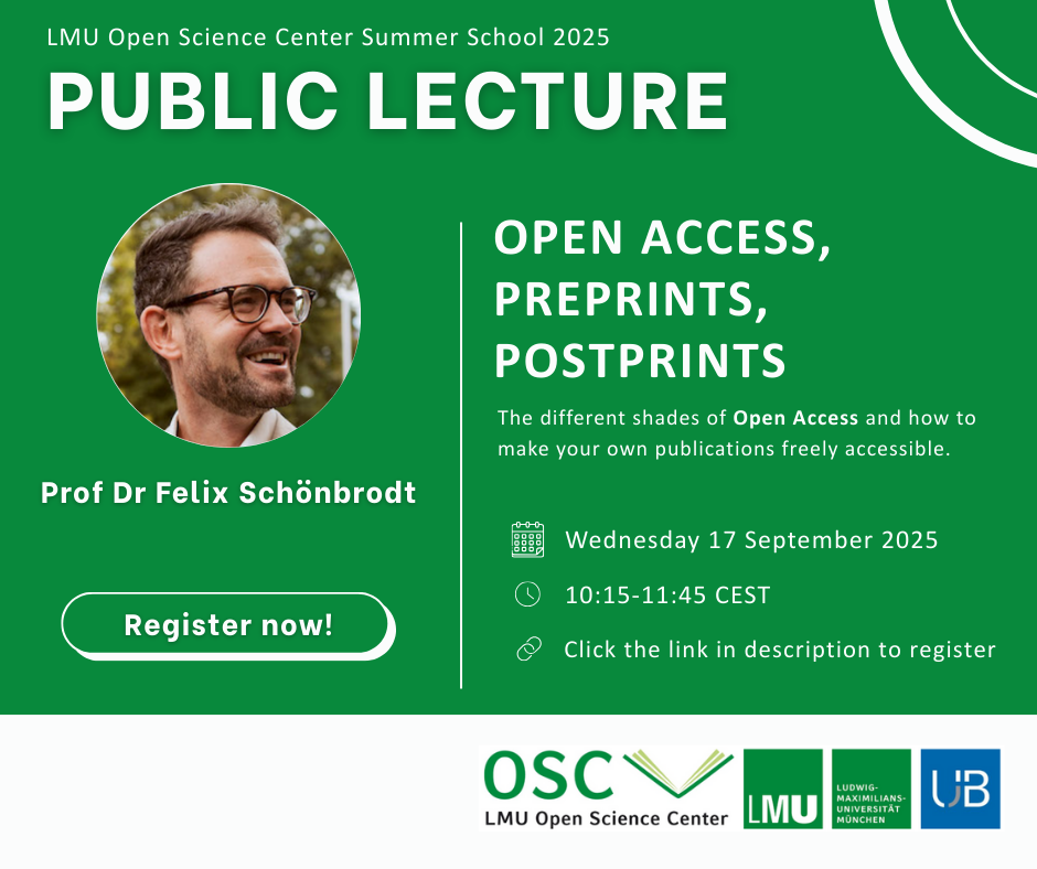 Promotional poster for the LMU Open Science Center Summer School 2025 Public Lecture. The poster features a photo of speaker Prof. Dr. Felix Schönbrodt. The text states the lecture focuses on open access, preprints, and postprints; time and date of lecture being  10:15-11:45 CEST on Wednesday September 17 2025; and instructions to register online. Logos of LMU Open Science Center, LMU, and Universitätsbibliothek München are displayed at the bottom.