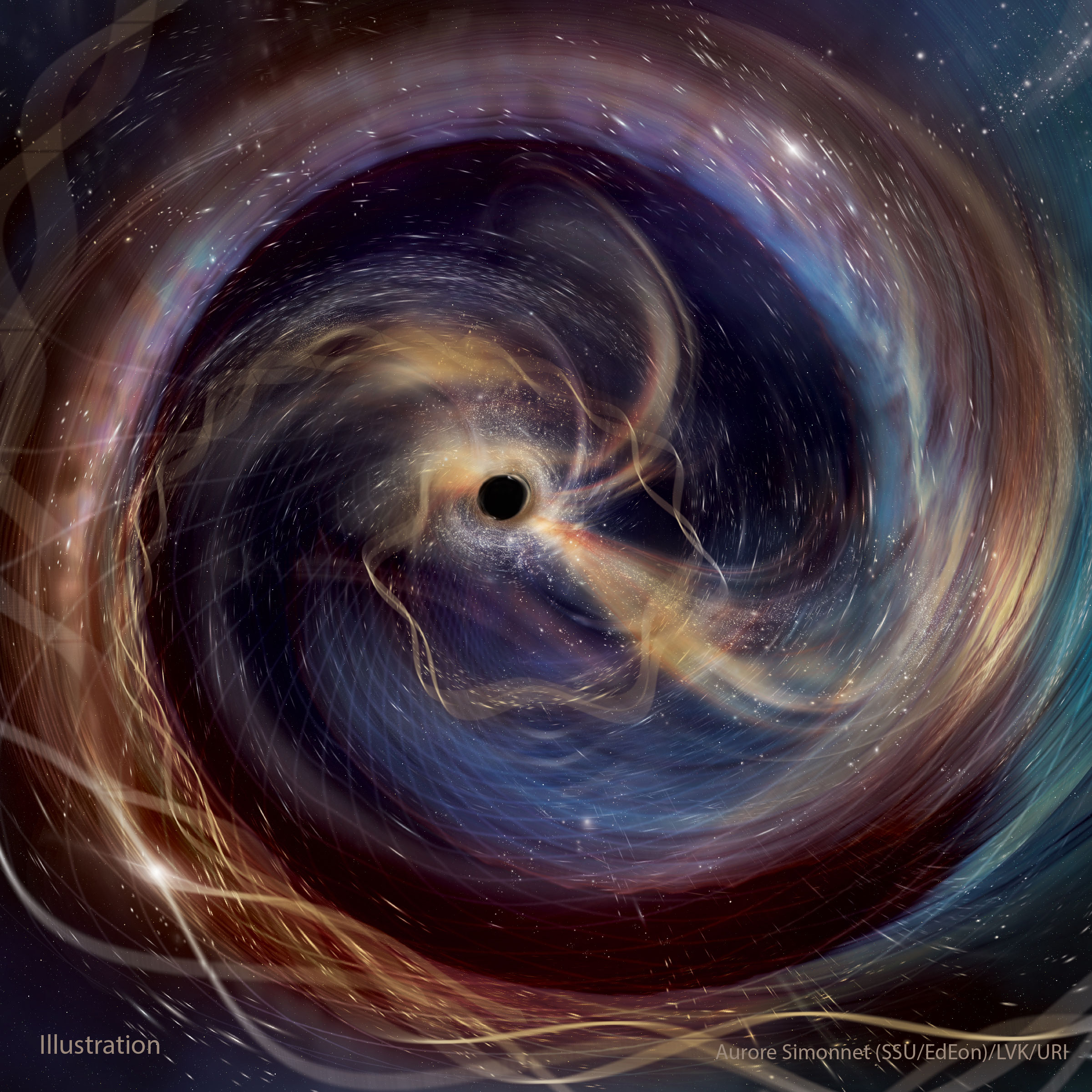 This artwork imagines the ultimate front-row seat for GW250114, a powerful collision between two black holes observed in gravitational waves by the US National Science Foundation LIGO. It depicts the view from one of the black holes as it spirals toward its cosmic partner.