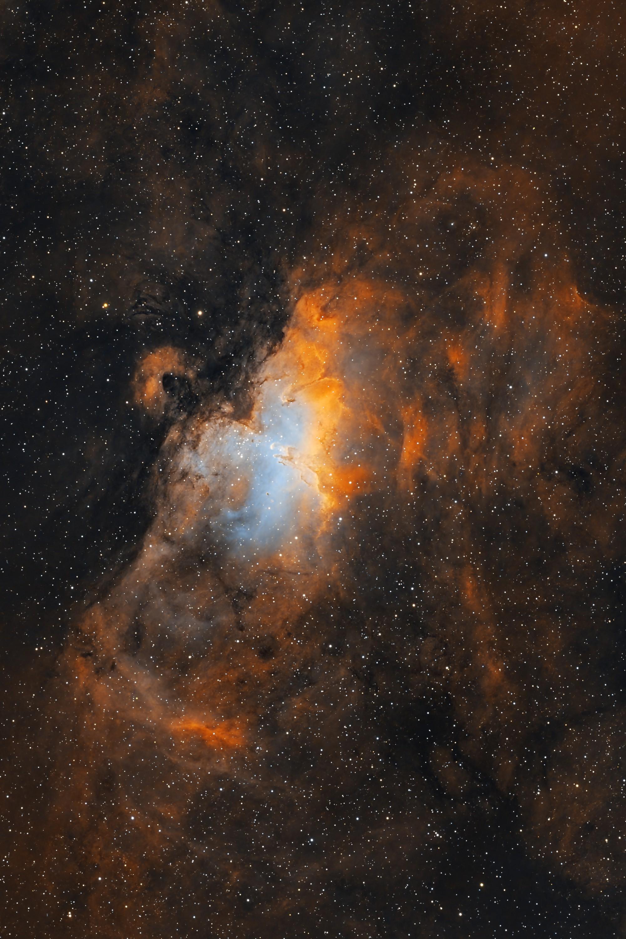 picture of an M16 Nebula in SHO palette, shape of this Nebula resembles and Eagle, hence the name- Eagle Nebula